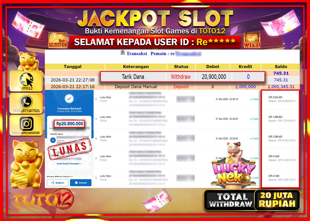 HANYA DI TOTO12 JP PASTI DI BAYAR LUNAS DAN CEPAT!!!!!! JACKPOT SLOT GAME (LUCK NEKO) Rp.20.900.000!!!!