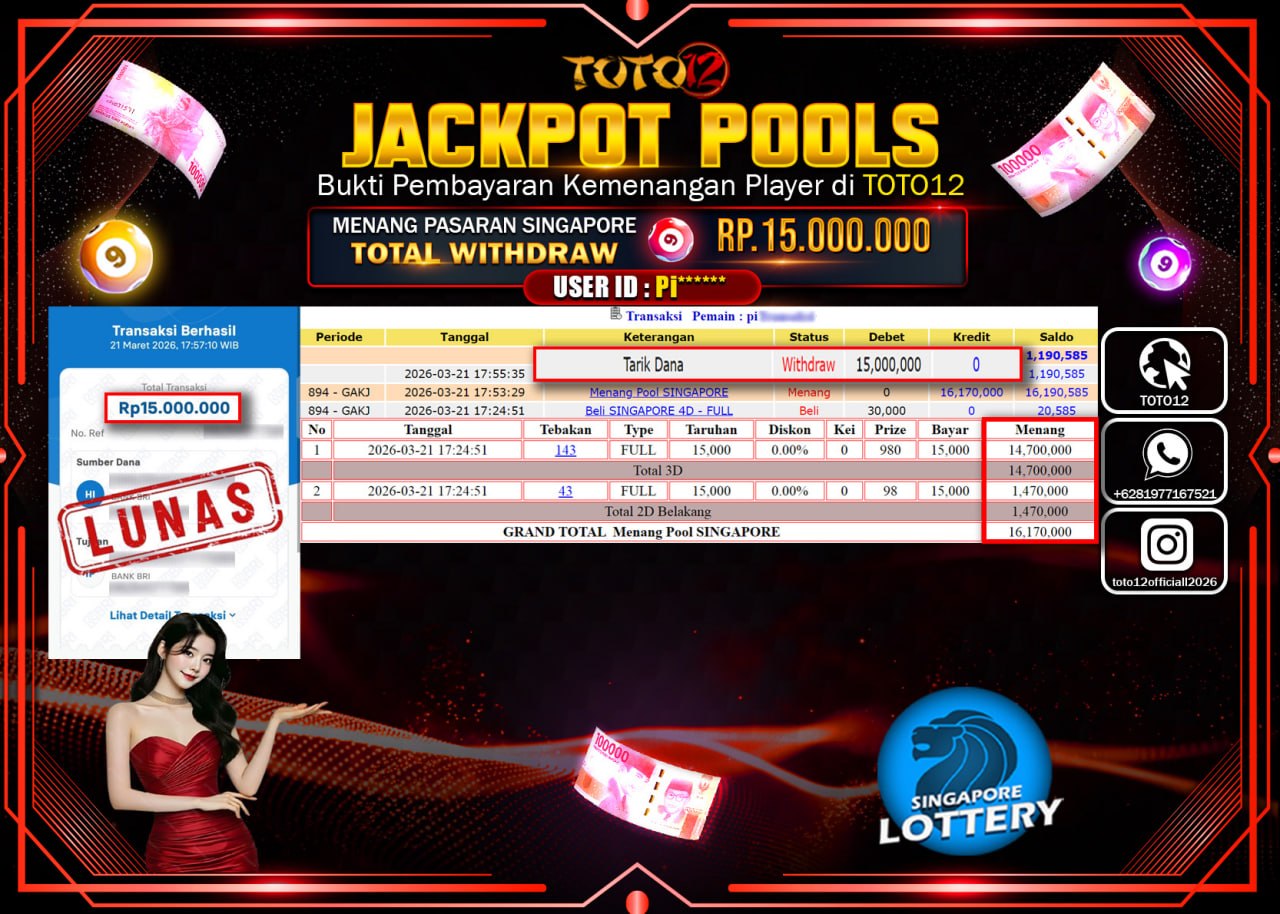 HANYA DI TOTO12 JP PASTI DI BAYAR LUNAS DAN CEPAT!!!!!! JACKPOT POOLS PASARAN (SINGAPORE) Rp.15.000.000!!!!