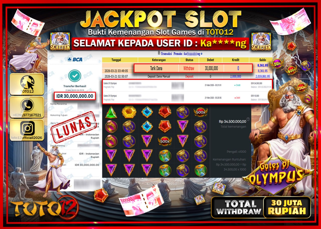 HANYA DI TOTO12 JP PASTI DI BAYAR LUNAS DAN CEPAT!!!!!! JACKPOT SLOT GAME (GATES OF OLYMPUS) Rp.30.000.000!!!!