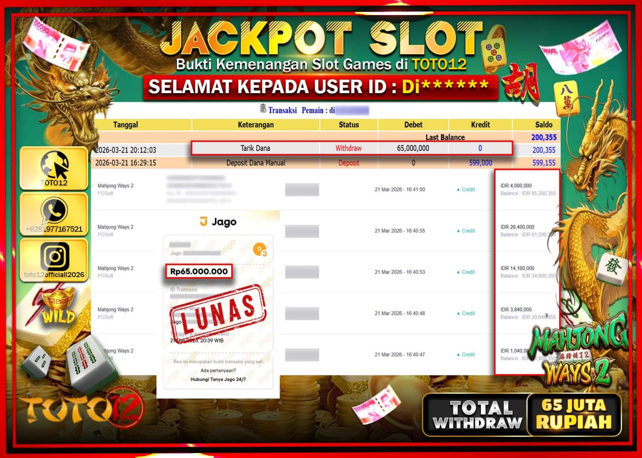 HANYA DI TOTO12 JP PASTI DI BAYAR LUNAS DAN CEPAT!!!!!! JACKPOT SLOT GAME (MAHJONG WAYS 2) Rp.65.000.000!!!!