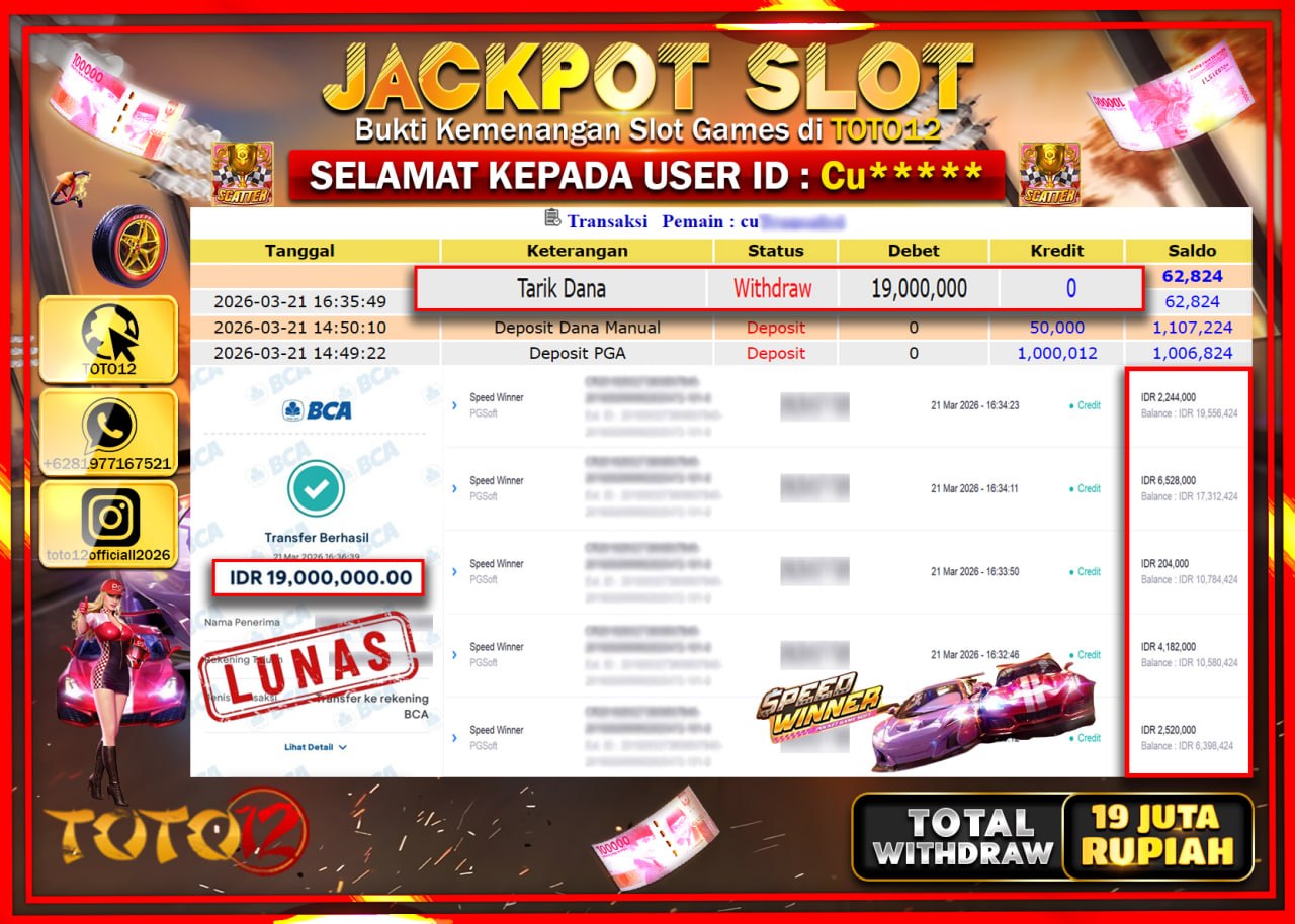 HANYA DI TOTO12 JP PASTI DI BAYAR LUNAS DAN CEPAT!!!!!! JACKPOT SLOT GAME (SPEED WINNER) Rp.19.000.000!!!!