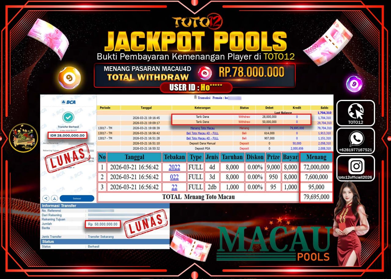 HANYA DI TOTO12 JP PASTI DI BAYAR LUNAS DAN CEPAT!!!!!! JACKPOT POOLS PASARAN (MACAU 4D) Rp.78.000.000!!!!