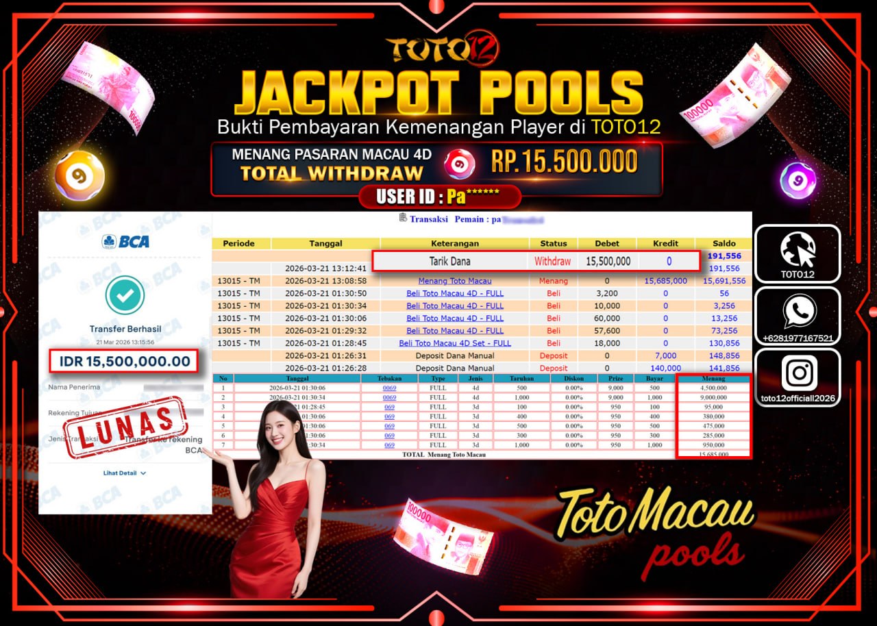 HANYA DI TOTO12 JP PASTI DI BAYAR LUNAS DAN CEPAT!!!!!! JACKPOT POOLS PASARAN (MACAU 4D) Rp.15.500.000!!!!
