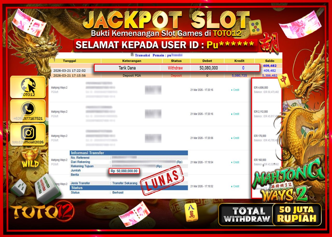 HANYA DI TOTO12 JP PASTI DI BAYAR LUNAS DAN CEPAT!!!!!! JACKPOT SLOT GAME (MAHJONG WAYS 2) Rp.50.080.000!!!!