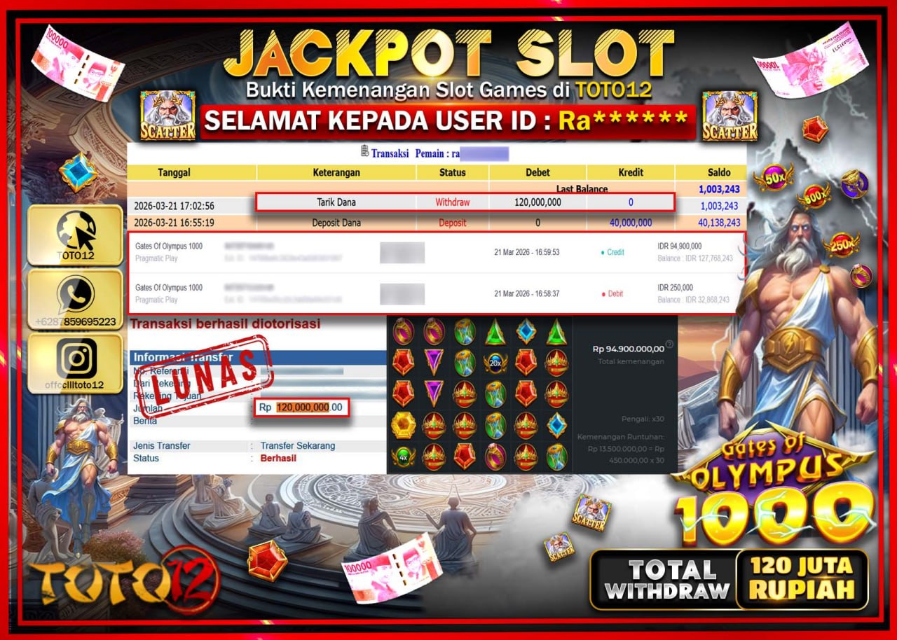 HANYA DI TOTO12 JP PASTI DI BAYAR LUNAS DAN CEPAT!!!!!! JACKPOT SLOT GAME (GATES OF OLYMPUS 1000) Rp.120.000.000!!!!