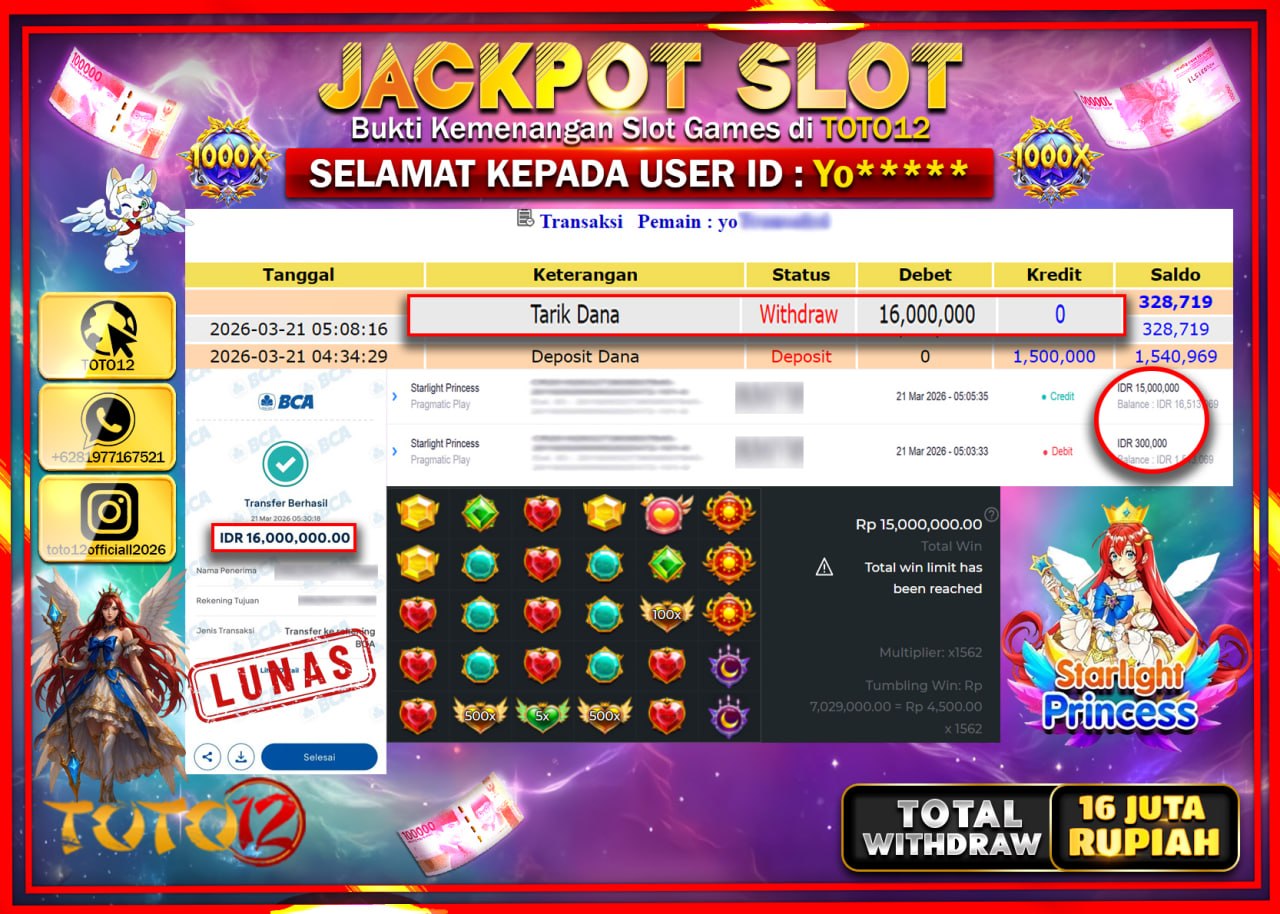 HANYA DI TOTO12 JP PASTI DI BAYAR LUNAS DAN CEPAT!!!!!! JACKPOT SLOT GAME (STARLIGHT PRINCESS) Rp.16.000.000!!!!
