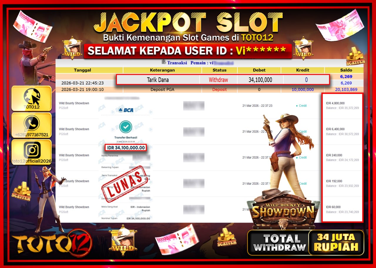 HANYA DI TOTO12 JP PASTI DI BAYAR LUNAS DAN CEPAT!!!!!! JACKPOT SLOT GAME (WILD BOUNTY SHOWDOWN) Rp.34.100.000!!!!