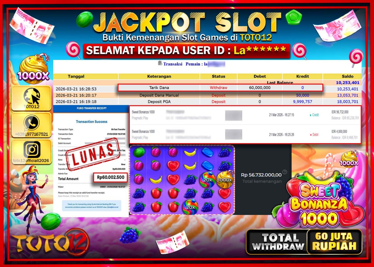 HANYA DI TOTO12 JP PASTI DI BAYAR LUNAS DAN CEPAT!!!!!! JACKPOT SLOT GAME (SWEET BONANZA 1000) Rp.60.000.000!!!!