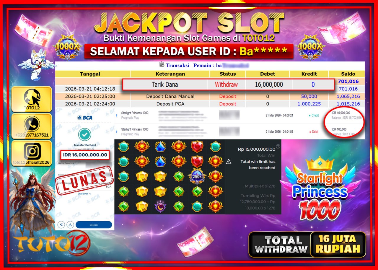 HANYA DI TOTO12 JP PASTI DI BAYAR LUNAS DAN CEPAT!!!!!! JACKPOT SLOT GAME (STARLIGHT PRINCESS 1000) Rp.16.000.000!!!!