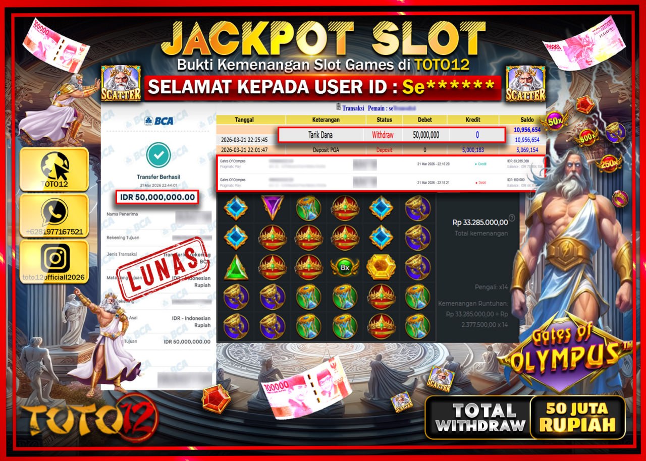 HANYA DI TOTO12 JP PASTI DI BAYAR LUNAS DAN CEPAT!!!!!! JACKPOT SLOT GAME (GATES OF OLYMPUS) Rp.50.000.000!!!!