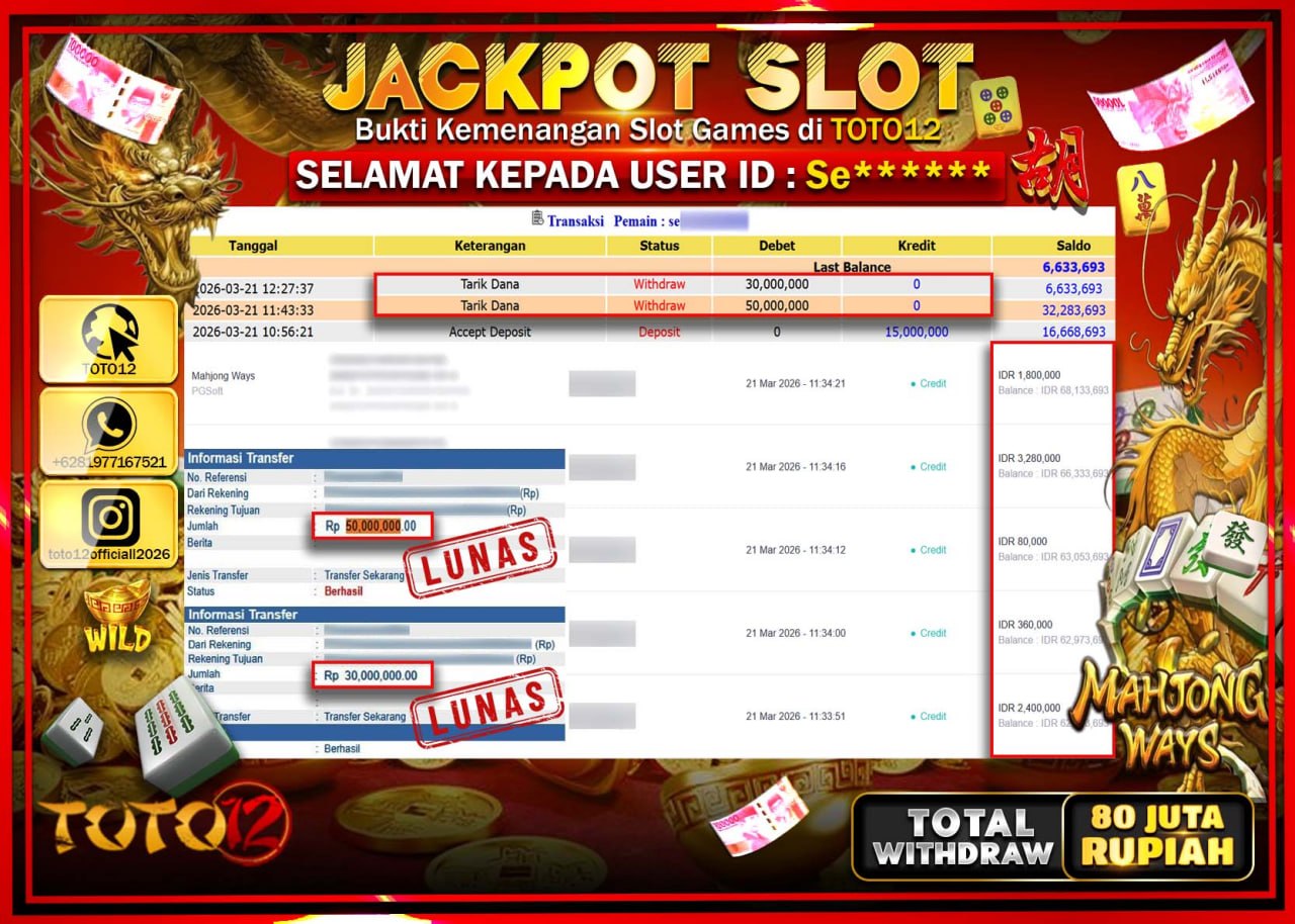 HANYA DI TOTO12 JP PASTI DI BAYAR LUNAS DAN CEPAT!!!!!! JACKPOT SLOT GAME (MAHJONG WAYS) Rp.80.000.000!!!!