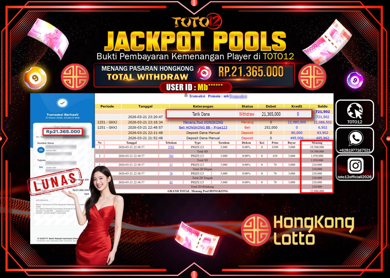 HANYA DI TOTO12 JP PASTI DI BAYAR LUNAS DAN CEPAT!!!!!! JACKPOT POOLS PASARAN (HONGKONG) Rp.21.365.000!!!!