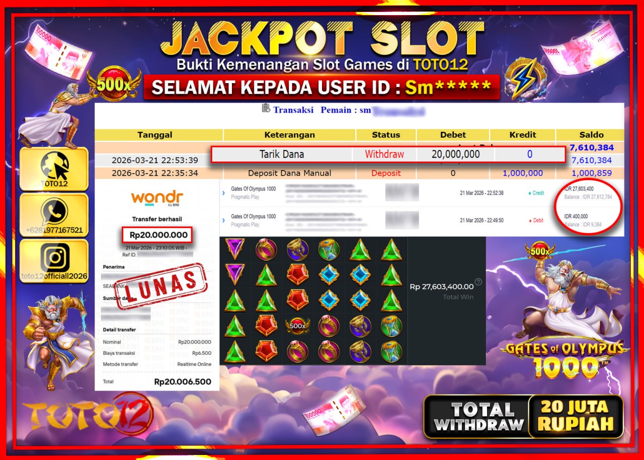 HANYA DI TOTO12 JP PASTI DI BAYAR LUNAS DAN CEPAT!!!!!! JACKPOT SLOT GAME (GATES OF OLYMPUS 1000) Rp.20.000.000!!!!
