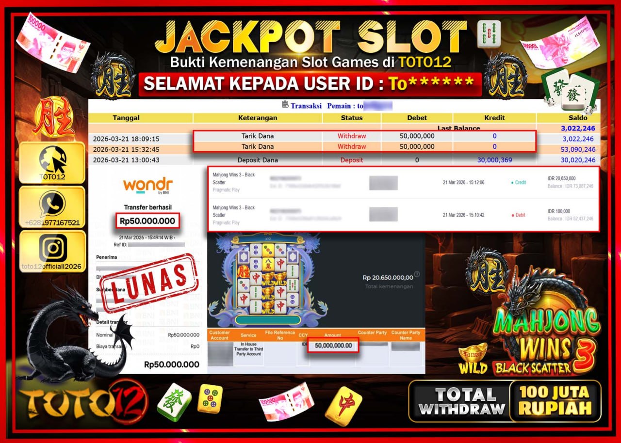 HANYA DI TOTO12 JP PASTI DI BAYAR LUNAS DAN CEPAT!!!!!! JACKPOT SLOT GAME (MAHJONG WINS 3 BLACK SCATTER) Rp.100.000.000!!!!