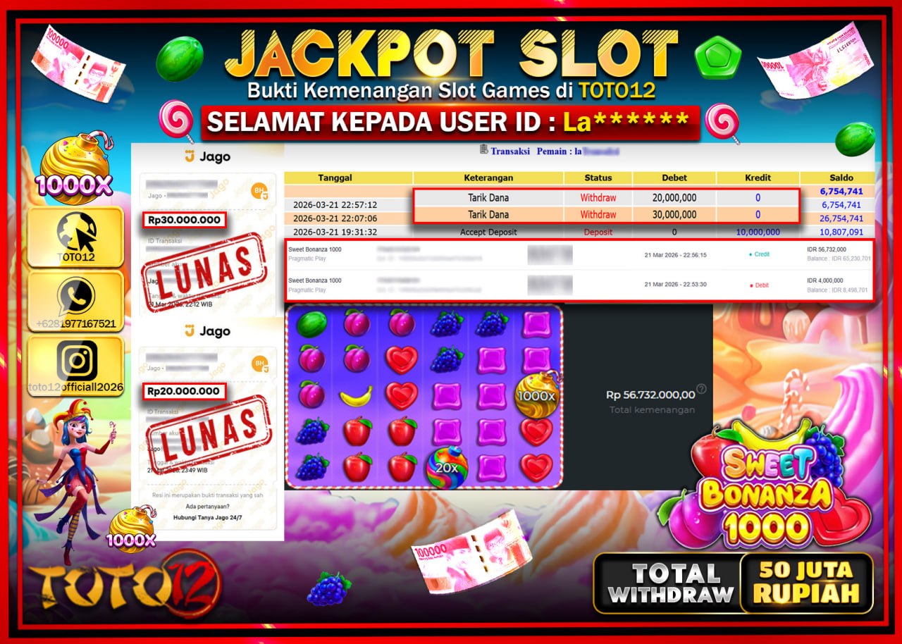 HANYA DI TOTO12 JP PASTI DI BAYAR LUNAS DAN CEPAT!!!!!! JACKPOT SLOT GAME (SWEET BONANZA 1000) Rp.50.000.000!!!!