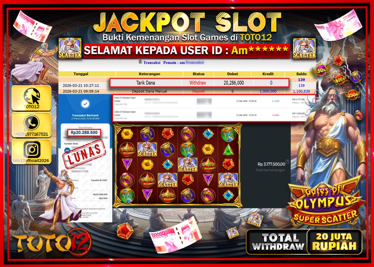 HANYA DI TOTO12 JP PASTI DI BAYAR LUNAS DAN CEPAT!!!!!! JACKPOT SLOT GAME (GATES OF OLYMPUS SUPER SCATTER) Rp.20.286.000!!!!