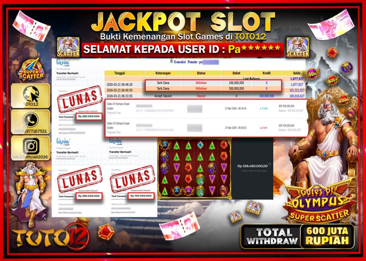 HANYA DI TOTO12 JP PASTI DI BAYAR LUNAS DAN CEPAT!!!!!! JACKPOT SLOT GAME (GATES OF OLYMPUS SUPER SCATTER) Rp.600.000.000!!!!