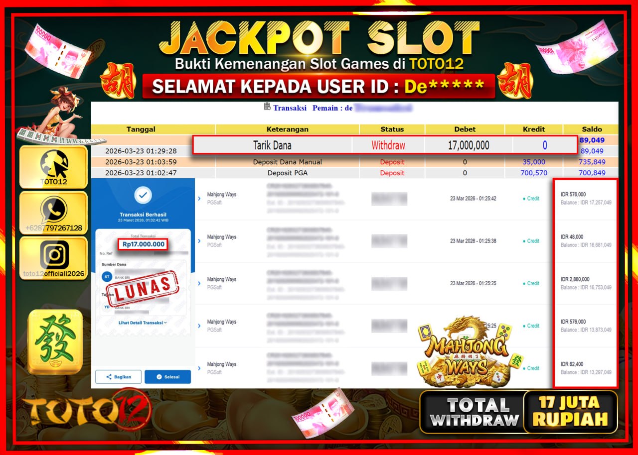 HANYA DI TOTO12 JP PASTI DI BAYAR LUNAS DAN CEPAT!!!!!! JACKPOT SLOT GAME (MAHJONG WAYS) Rp.17.000.000!!!!