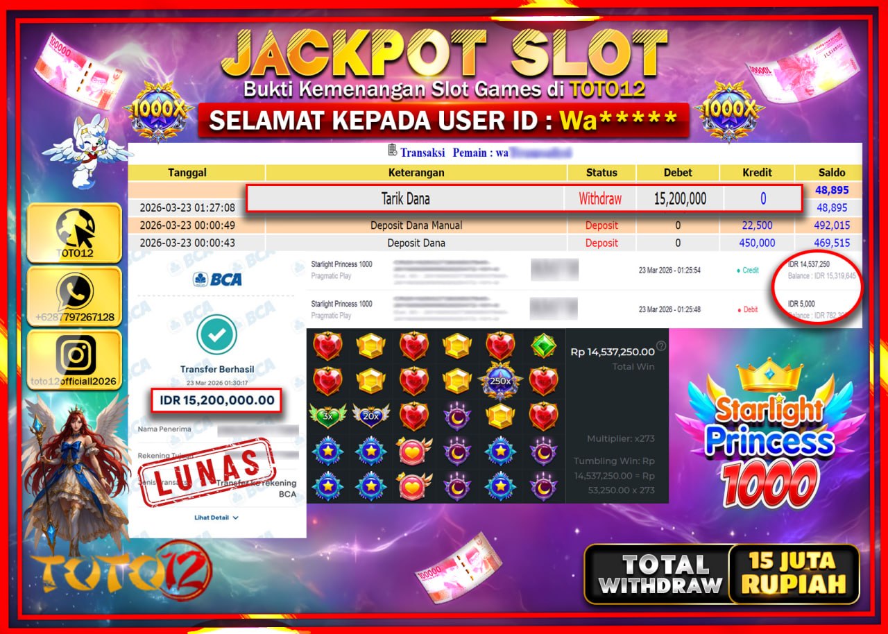 HANYA DI TOTO12 JP PASTI DI BAYAR LUNAS DAN CEPAT!!!!!! JACKPOT SLOT GAME (STARLIGHT PRINCESS 1000) Rp.15.200.000!!!!