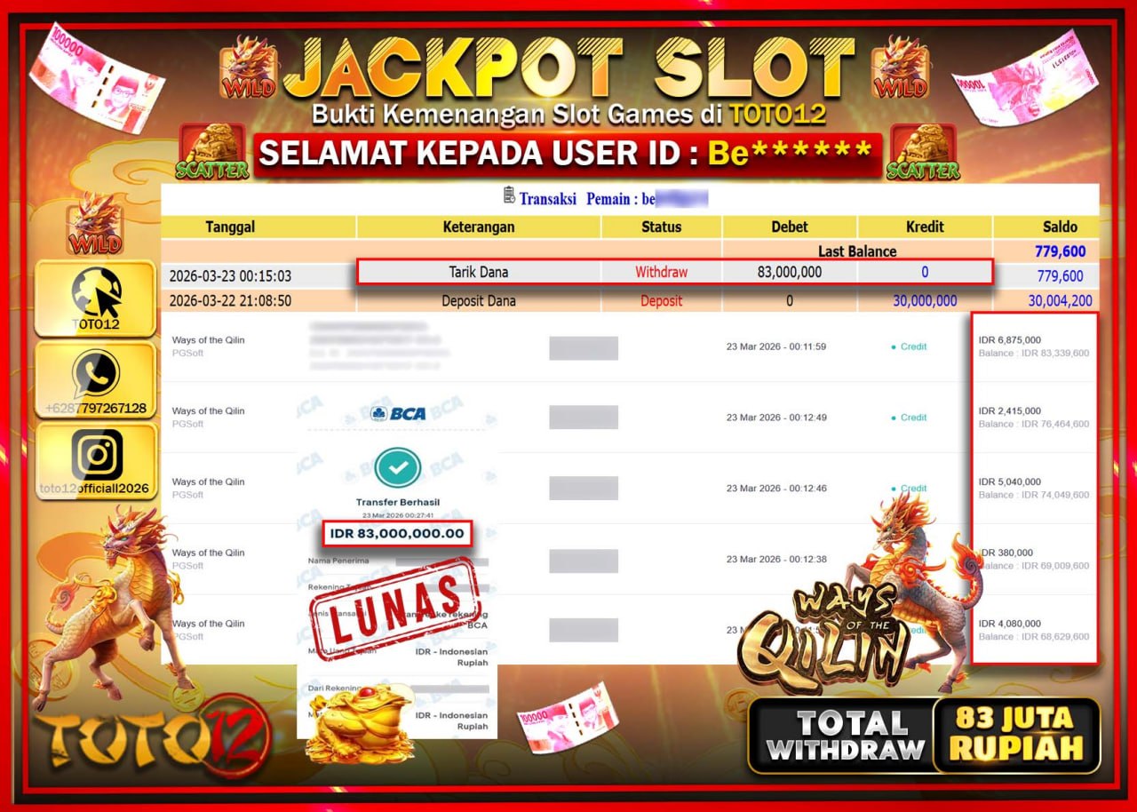 HANYA DI TOTO12 JP PASTI DI BAYAR LUNAS DAN CEPAT!!!!!! JACKPOT SLOT GAME (WAYS OF THE QILIN) Rp.83.000.000!!!!