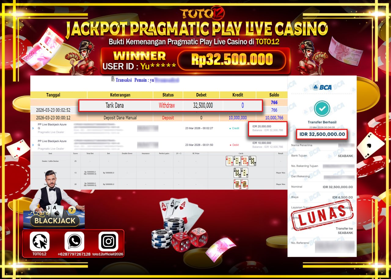 HANYA DI TOTO12 JP PASTI DI BAYAR LUNAS DAN CEPAT!!!!!! JACKPOT PRAGMATIC PLAY LIVE GAME CASINO (PP LIVE BLACKJACK AZURE) Rp.32.500.000!!!!