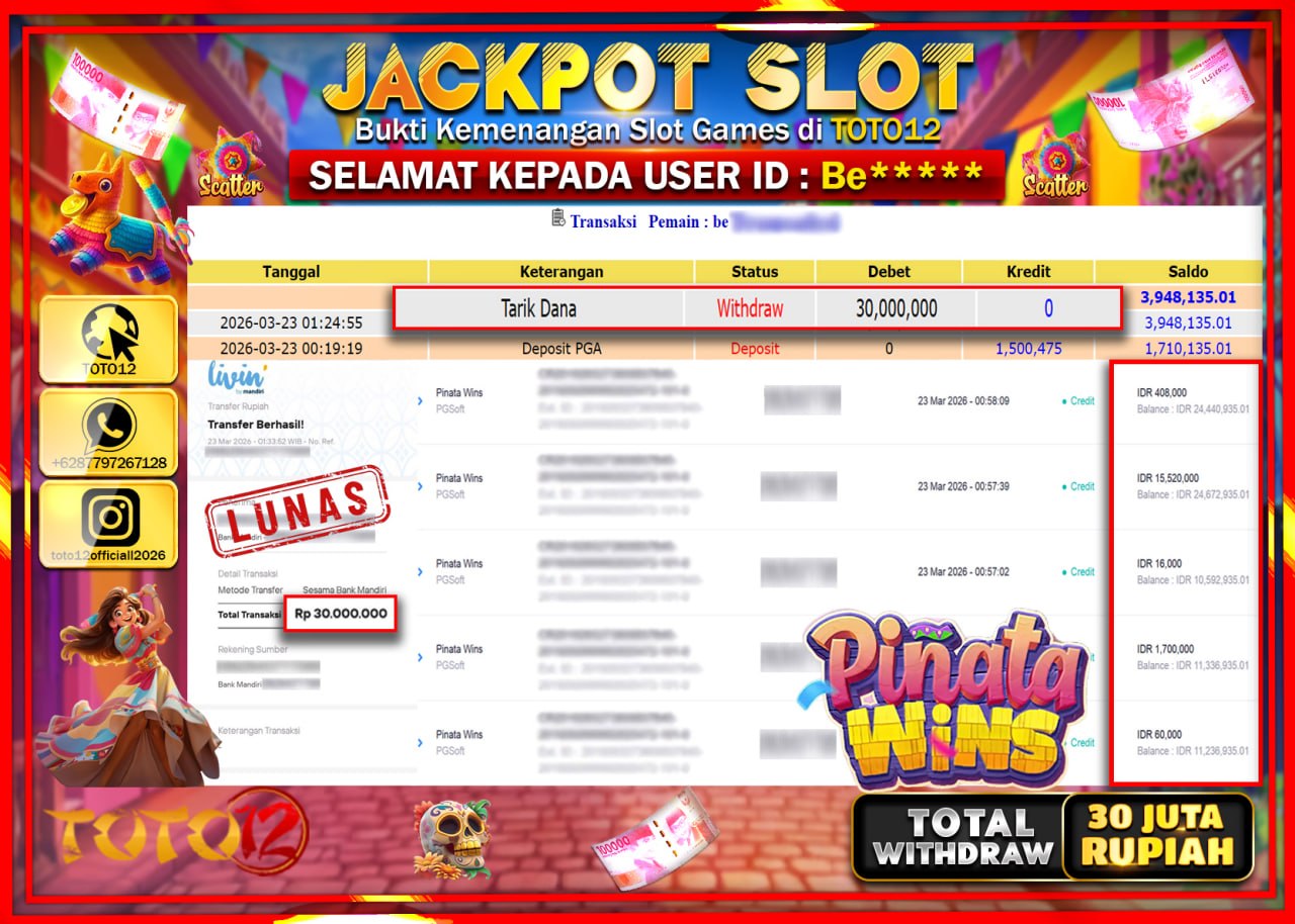 HANYA DI TOTO12 JP PASTI DI BAYAR LUNAS DAN CEPAT!!!!!! JACKPOT SLOT GAME (PINATA WINS) Rp.30.000.000!!!!