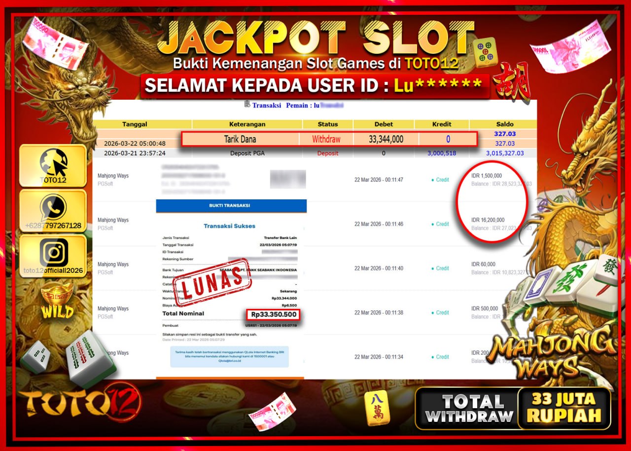 HANYA DI TOTO12 JP PASTI DI BAYAR LUNAS DAN CEPAT!!!!!! JACKPOT SLOT GAME (MAHJONG WAYS) Rp.33.344.000!!!!