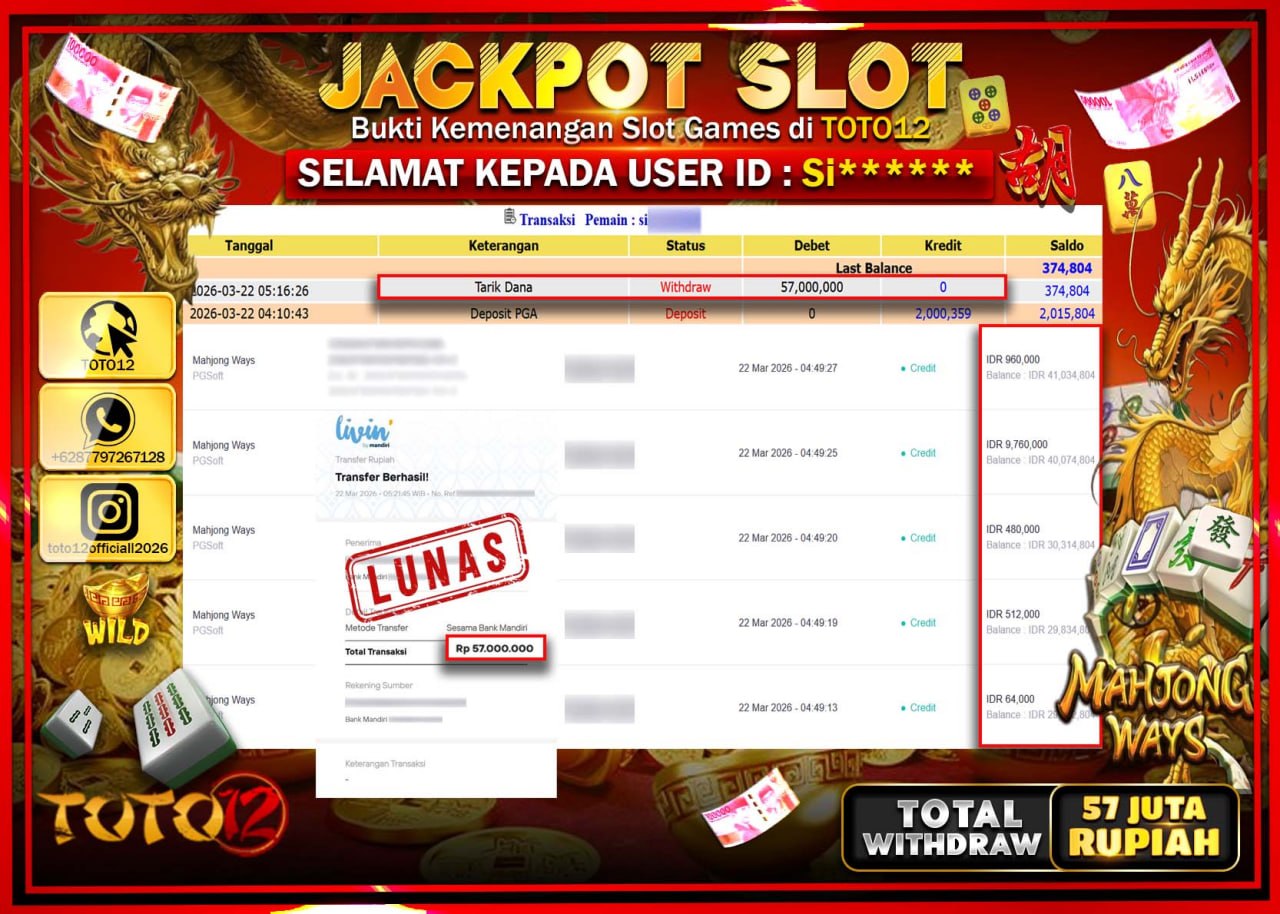 HANYA DI TOTO12 JP PASTI DI BAYAR LUNAS DAN CEPAT!!!!!! JACKPOT SLOT GAME (MAHJONG WAYS) Rp.57.000.000!!!!
