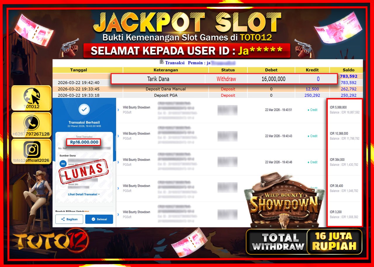 HANYA DI TOTO12 JP PASTI DI BAYAR LUNAS DAN CEPAT!!!!!! JACKPOT SLOT GAME (WILD BOUNTY SHOWDOWN) Rp.16.000.000!!!!
