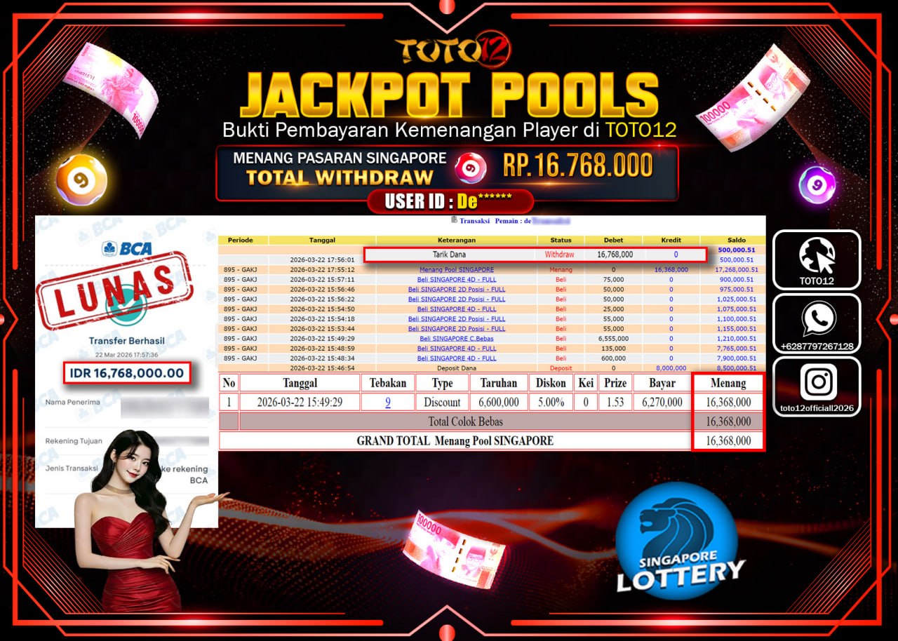 HANYA DI TOTO12 JP PASTI DI BAYAR LUNAS DAN CEPAT!!!!!! JACKPOT POOLS PASARAN (SINGAPORE) Rp.16.768.000!!!!