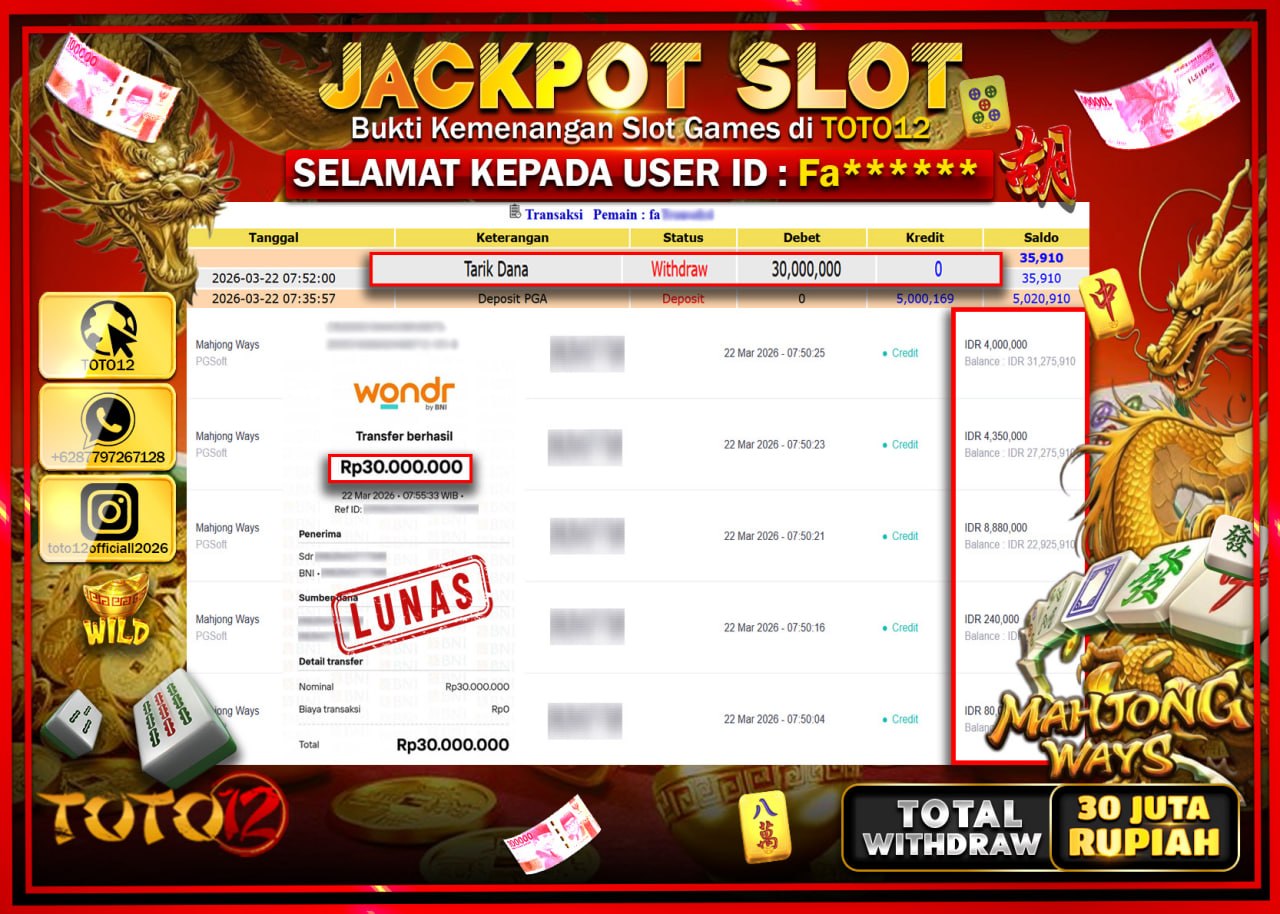 HANYA DI TOTO12 JP PASTI DI BAYAR LUNAS DAN CEPAT!!!!!! JACKPOT SLOT GAME (MAHJONG WAYS) Rp.30.000.000!!!!