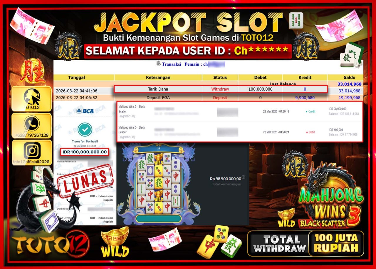HANYA DI TOTO12 JP PASTI DI BAYAR LUNAS DAN CEPAT!!!!!! JACKPOT SLOT GAME (MAHJONG WINS 3 BLACK SCATTER) Rp.100.000.000!!!!