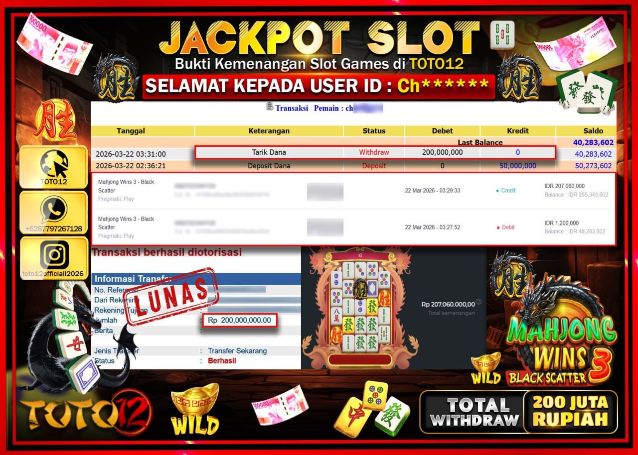HANYA DI TOTO12 JP PASTI DI BAYAR LUNAS DAN CEPAT!!!!!! JACKPOT SLOT GAME (MAHJONG WINS3 BLACK SCATTER) Rp.200.000.000!!!!