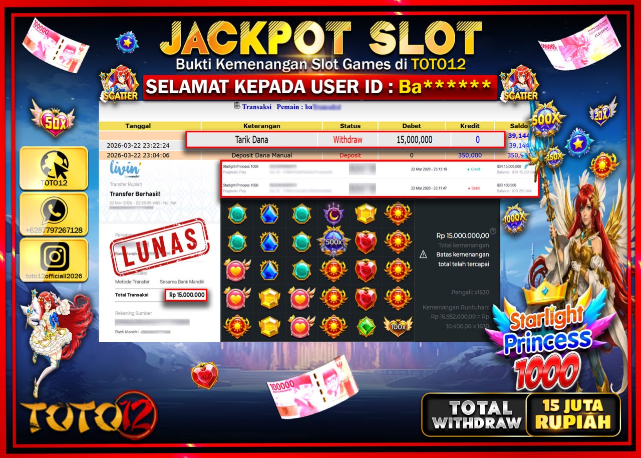 HANYA DI TOTO12 JP PASTI DI BAYAR LUNAS DAN CEPAT!!!!!! JACKPOT SLOT GAME (STARLIGHT PRINCESS 1000) Rp.15.000.000!!!!