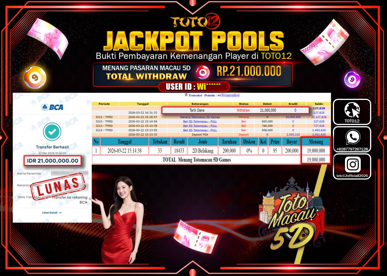 HANYA DI TOTO12 JP PASTI DI BAYAR LUNAS DAN CEPAT!!!!!! JACKPOT POOLS PASARAN (MACAU 5D) Rp.21.000.000!!!!