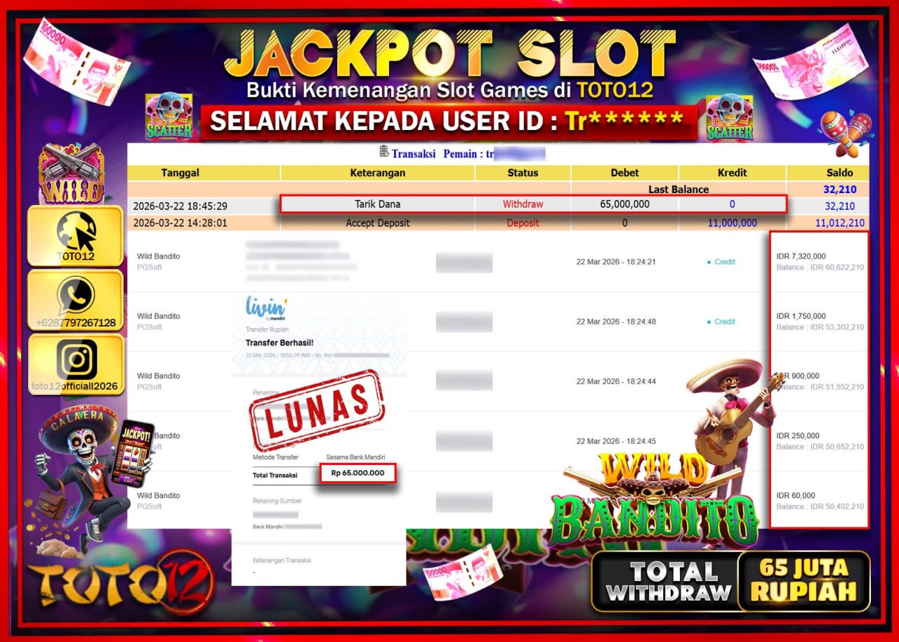 HANYA DI TOTO12 JP PASTI DI BAYAR LUNAS DAN CEPAT!!!!!! JACKPOT SLOT GAME (WILD BANDITO) Rp.65.000.000!!!!