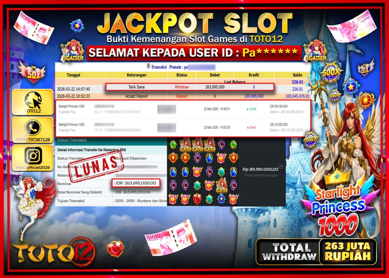 HANYA DI TOTO12 JP PASTI DI BAYAR LUNAS DAN CEPAT!!!!!! JACKPOT SLOT GAME (STARLIGHT PRINCES 1000) Rp.263.695.000!!!!