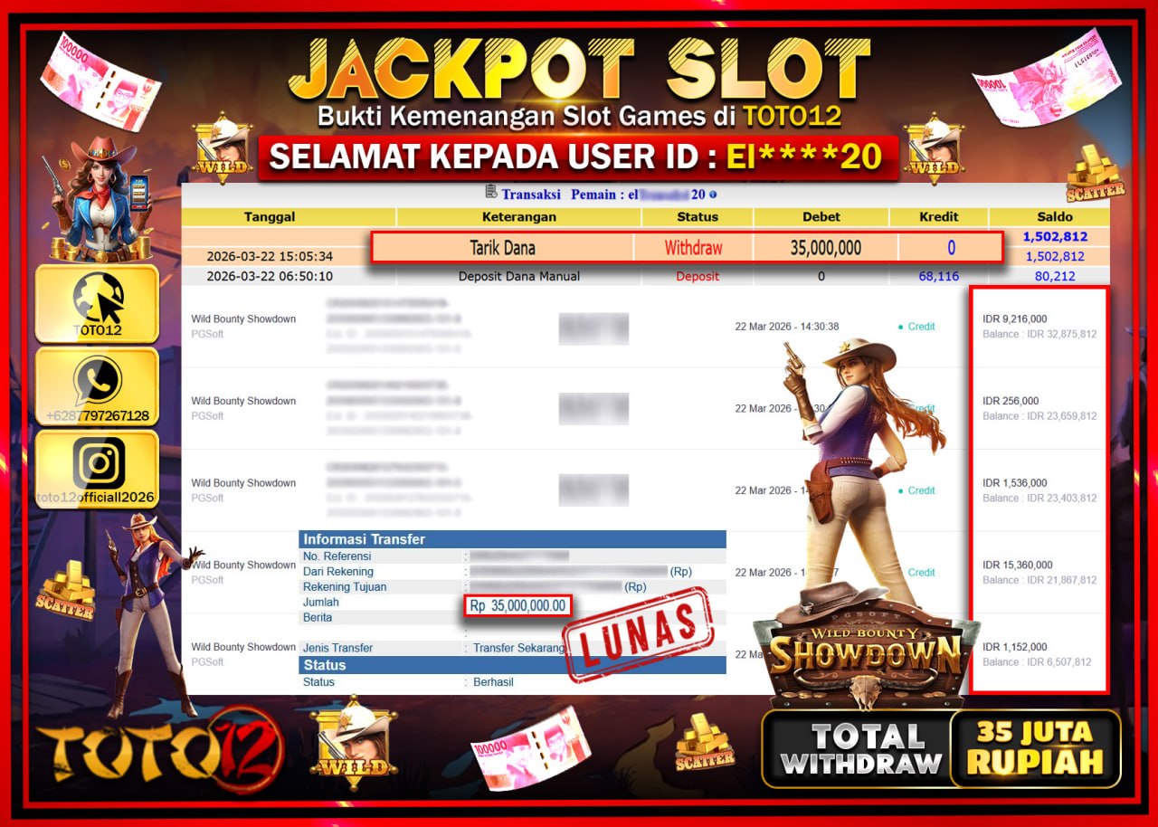 HANYA DI TOTO12 JP PASTI DI BAYAR LUNAS DAN CEPAT!!!!!! JACKPOT SLOT GAME (WILD BOUNTY SHOWDOWN) Rp.35.000.000!!!!