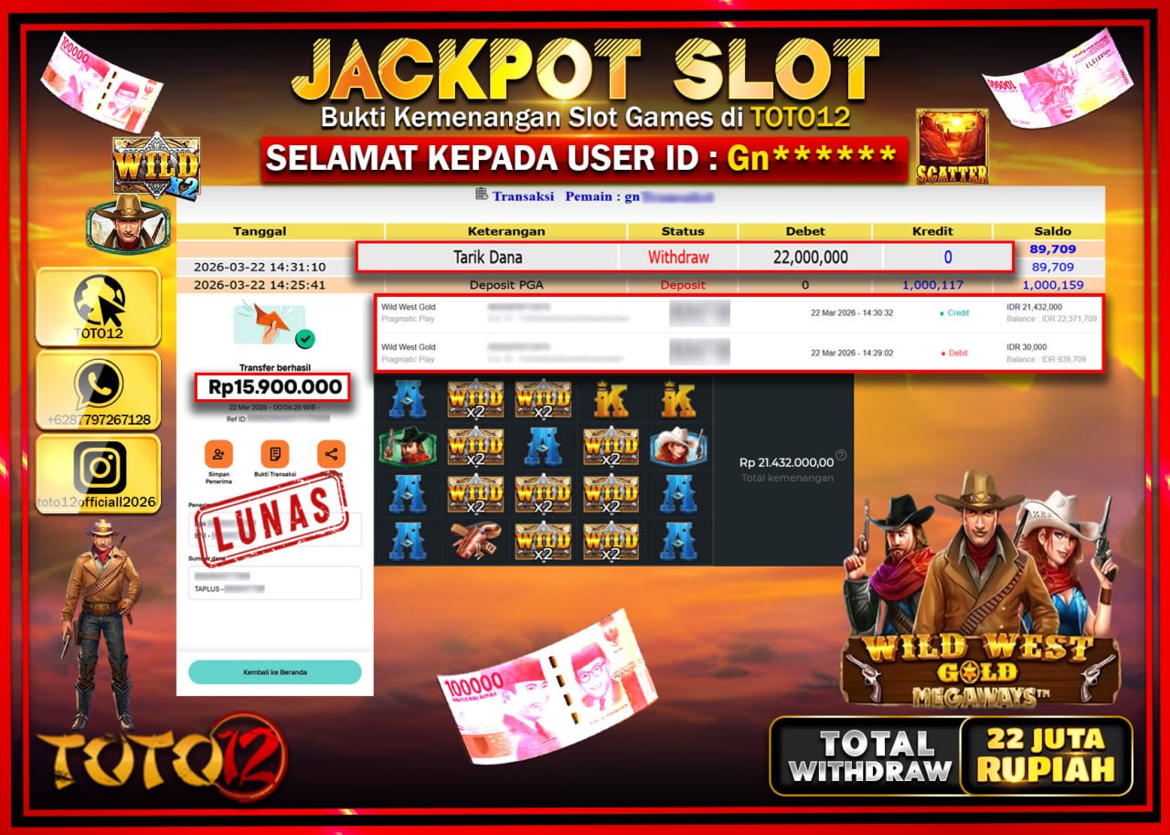 HANYA DI TOTO12 JP PASTI DI BAYAR LUNAS DAN CEPAT!!!!!! JACKPOT SLOT GAME (WILD WEST GOLD MEGAWAYS) Rp.22.000.000!!!!