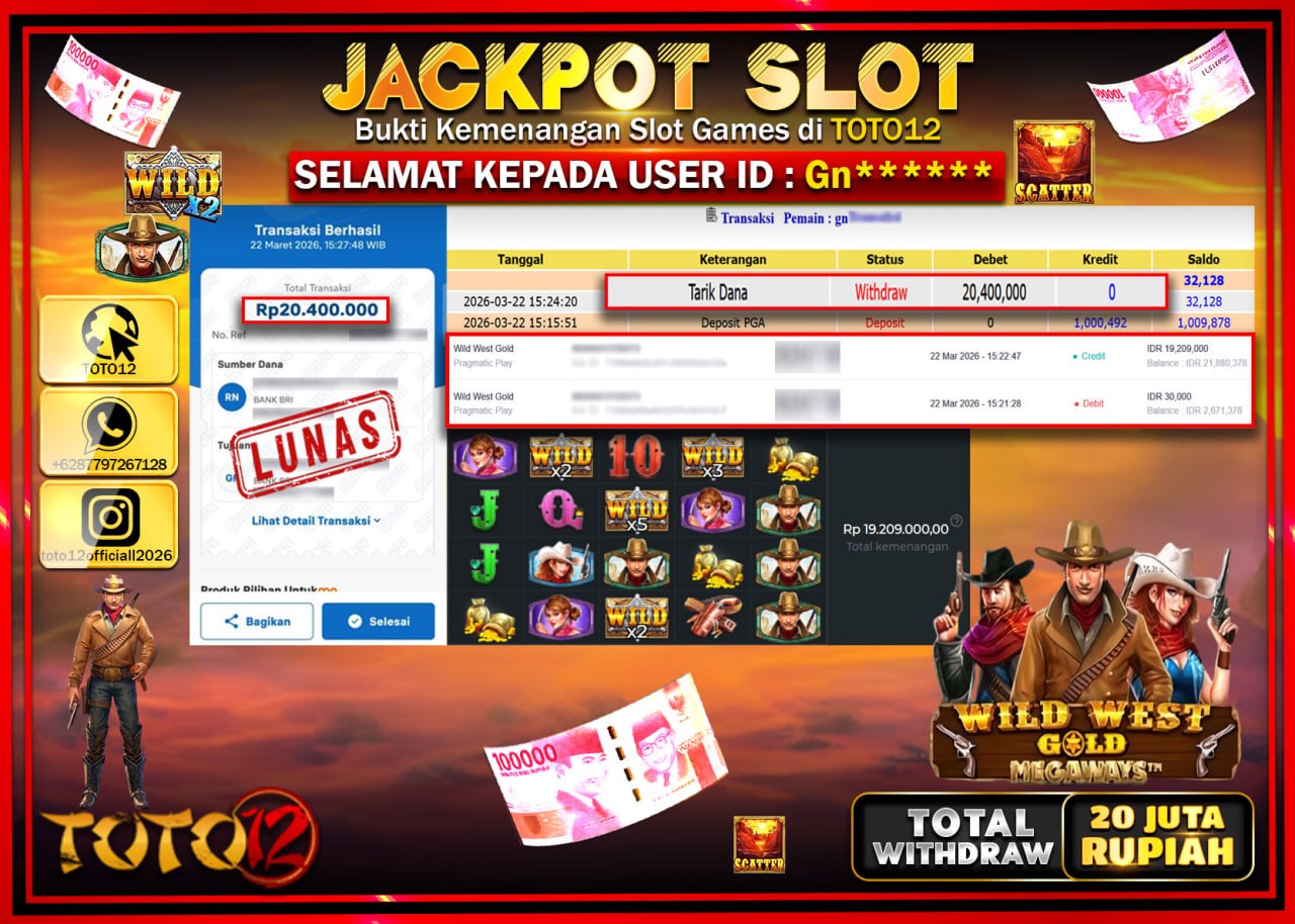 HANYA DI TOTO12 JP PASTI DI BAYAR LUNAS DAN CEPAT!!!!!! JACKPOT SLOT GAME (WILD WEST GOLD MEGAWAYS) Rp.20.400.000!!!!