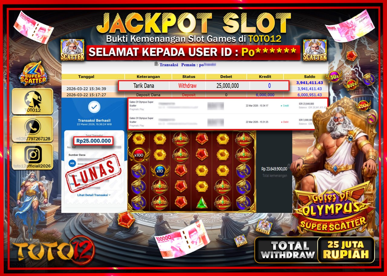 HANYA DI TOTO12 JP PASTI DI BAYAR LUNAS DAN CEPAT!!!!!! JACKPOT SLOT GAME (GATES OF OLYMPUS SUPER SCATTER) Rp.25.000.000!!!!