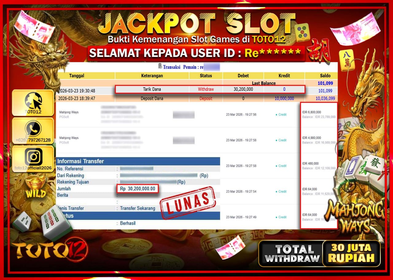 HANYA DI TOTO12 JP PASTI DI BAYAR LUNAS DAN CEPAT!!!!!! JACKPOT SLOT GAME (MAHJONG WAYS) Rp.30.200.000!!!!