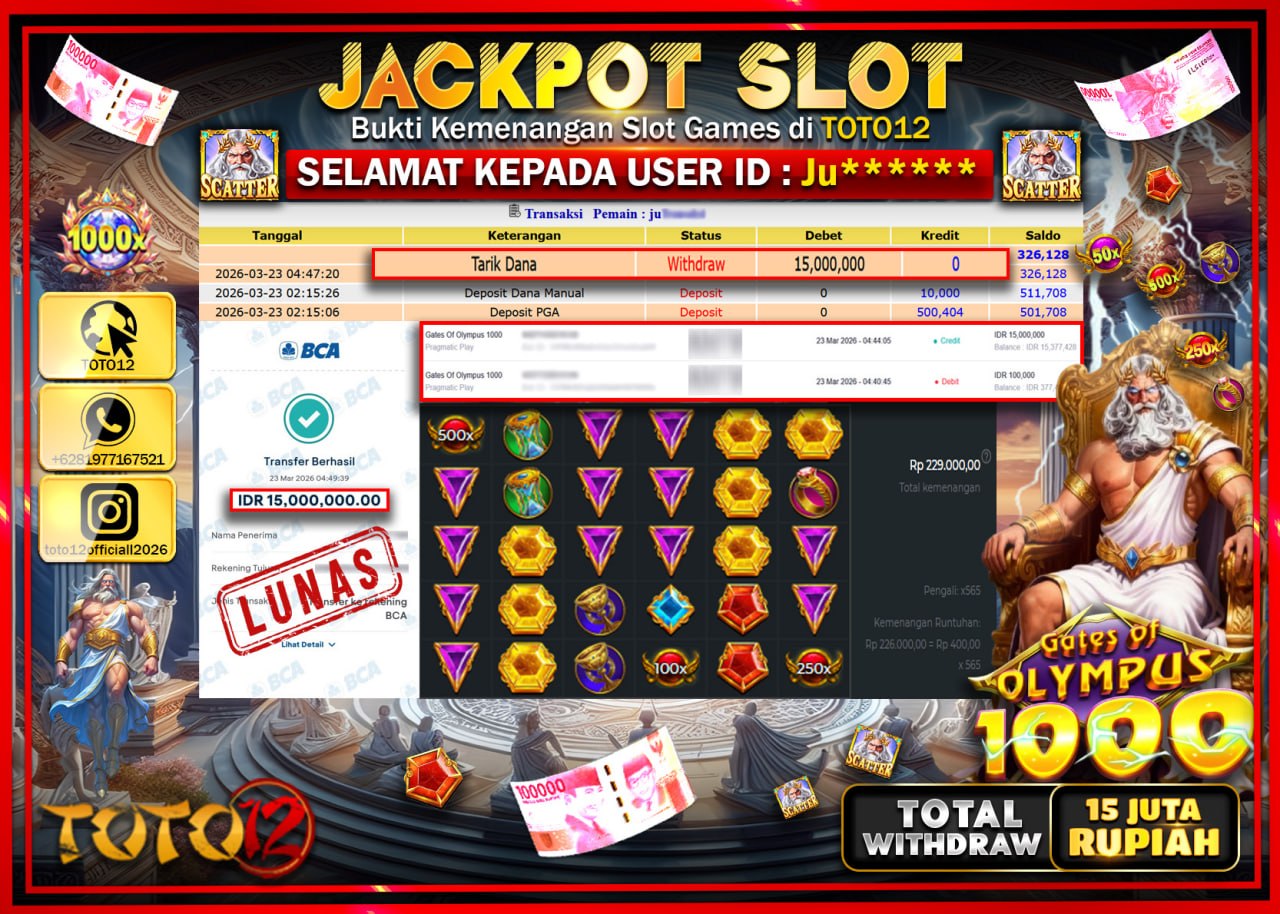 HANYA DI TOTO12 JP PASTI DI BAYAR LUNAS DAN CEPAT!!!!!! JACKPOT SLOT GAME (GATES OF OLYMPUS 1000) Rp.15.000.000!!!!