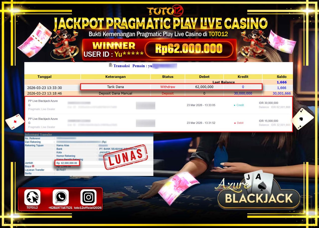 HANYA DI TOTO12 JP PASTI DI BAYAR LUNAS DAN CEPAT!!!!!! JACKPOT PRAGMATIC PLAY LIVE GAME CASINO (PP LIVE BLACKJACK AZURE) Rp.62.000.000!!!!