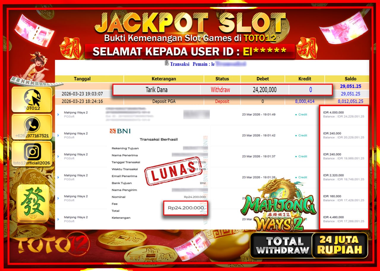 HANYA DI TOTO12 JP PASTI DI BAYAR LUNAS DAN CEPAT!!!!!! JACKPOT POOLS PASARAN (MAHJONG WAYS 2) Rp.24.200.000!!!!