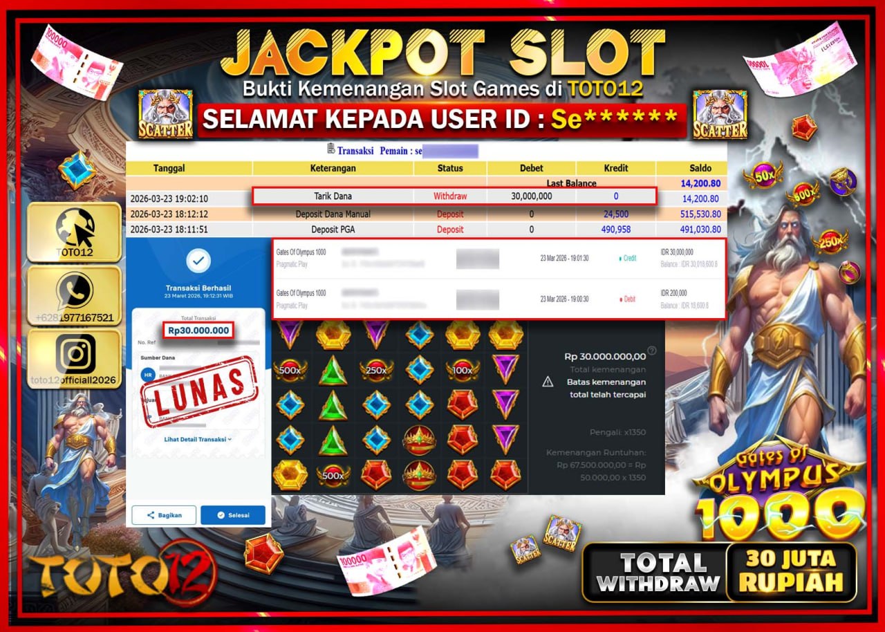 HANYA DI TOTO12 JP PASTI DI BAYAR LUNAS DAN CEPAT!!!!!! JACKPOT SLOT GAME (GATES OF OLYMPUS 1000) Rp.30.00.000!!!!