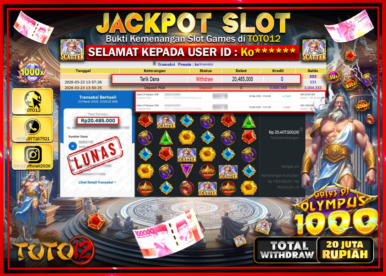 HANYA DI TOTO12 JP PASTI DI BAYAR LUNAS DAN CEPAT!!!!!! JACKPOT SLOT GAME (GATES OF OLYMPUS 1000) Rp.20.485.000!!!!