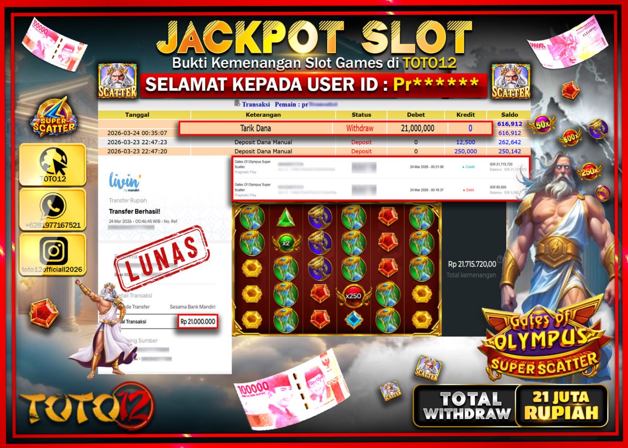 HANYA DI TOTO12 JP PASTI DI BAYAR LUNAS DAN CEPAT!!!!!! JACKPOT SLOT GAME (GATES OF OLYMPUS SUPER SCATTER) Rp.21.000.000!!!!