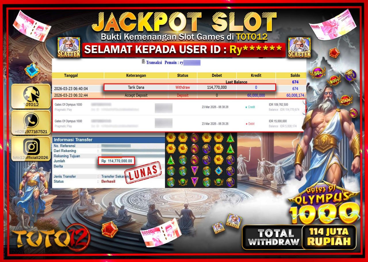 HANYA DI TOTO12 JP PASTI DI BAYAR LUNAS DAN CEPAT!!!!!! JACKPOT SLOT GAME (GATES OF OLYMPUS 1000) Rp.114.770.000!!!!