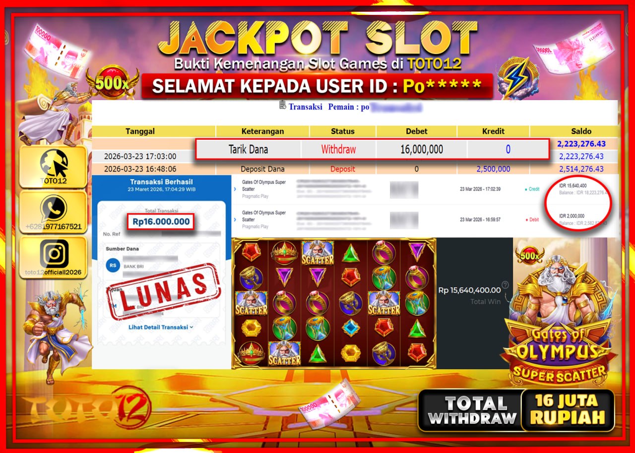 HANYA DI TOTO12 JP PASTI DI BAYAR LUNAS DAN CEPAT!!!!!! JACKPOT SLOT GAME (GATES OF OLYMPUS SUPER SCATEER) Rp.16.000.000!!!!